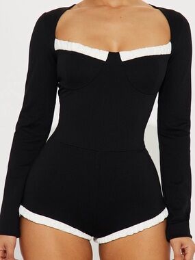 Fashion Nova Black and White Adrina Ponte Micro Short Romper